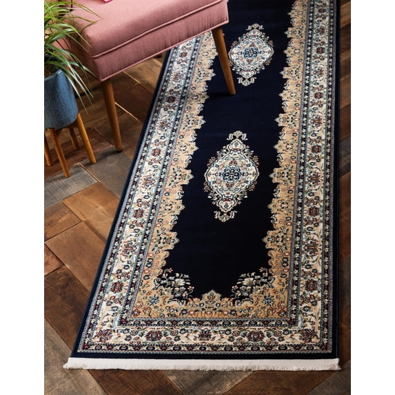 Rugs.com Rabia Collection Rug – 3' x 13' Runner Navy Blue Low Rug Perfect For Hallways, Entryways
