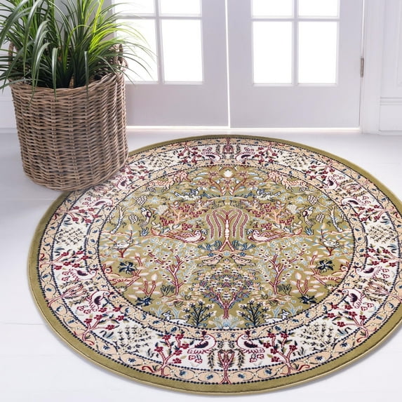 Rugs.com Rabia Collection Rug – 4' Round Green Low Rug Perfect For Kitchens, Dining Rooms