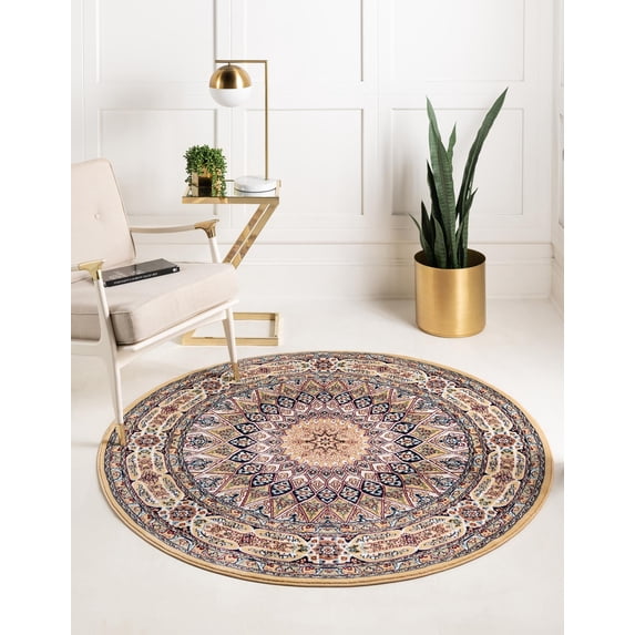 Rugs.com Rabia Collection Rug – 5' Round Beige Low Rug Perfect For Kitchens, Dining Rooms