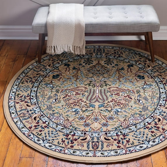 Rugs.com Rabia Collection Rug – 5' Round Beige Low Rug Perfect For Kitchens, Dining Rooms