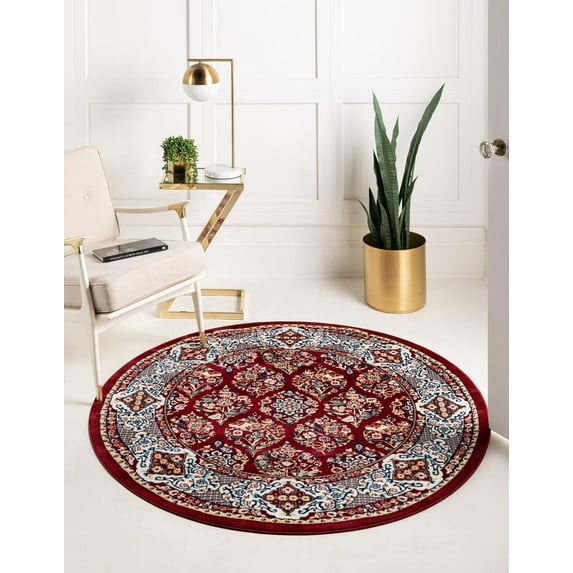Rugs.com Rabia Collection Rug – 5' Round Burgundy Low Rug Perfect For Kitchens, Dining Rooms
