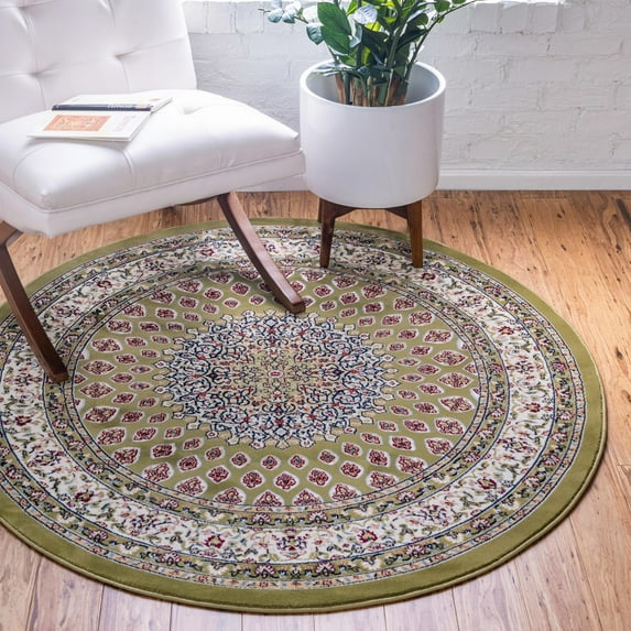 Rugs.com Rabia Collection Rug – 5' Round Green Low Rug Perfect For Kitchens, Dining Rooms