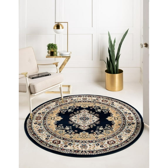 Rugs.com Rabia Collection Rug – 5' Round Navy Blue Low Rug Perfect For Kitchens, Dining Rooms