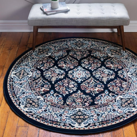 Rugs.com Rabia Collection Rug – 5' Round Navy Blue Low Rug Perfect For Kitchens, Dining Rooms