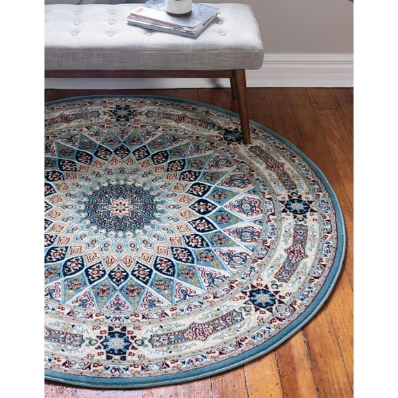 Rugs.com Rabia Collection Rug – 7' Round Blue Low Rug Perfect For Kitchens, Dining Rooms