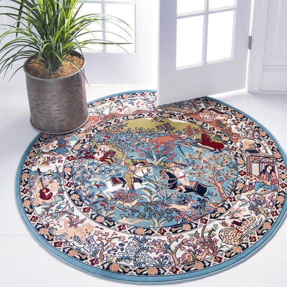 Rugs.com Rabia Collection Rug – 8' Round Blue Low Rug Perfect For Kitchens, Dining Rooms