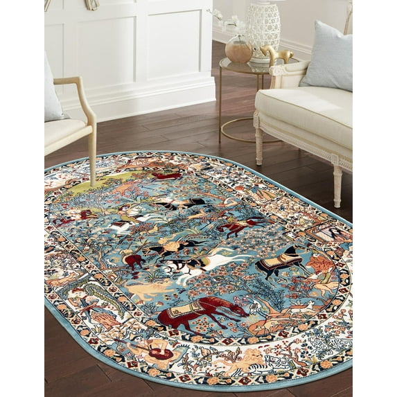 Rugs.com Rabia Collection Rug – 8' x 10' Oval Blue Low Rug Perfect For Living Rooms, Large Dining Rooms, Open Floorplans