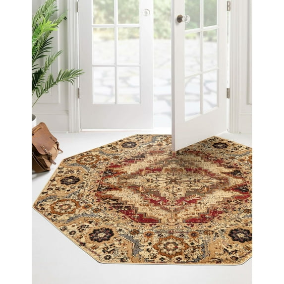 Rugs.com Saturn Collection Rug – 5 Ft Octagon Burgundy Beige Medium Rug Perfect For Living Rooms, Kitchens, Entryways