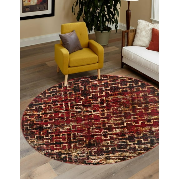 Rugs.com Saturn Collection Rug – 5 Ft Round Burgundy Medium Rug Perfect For Kitchens, Dining Rooms