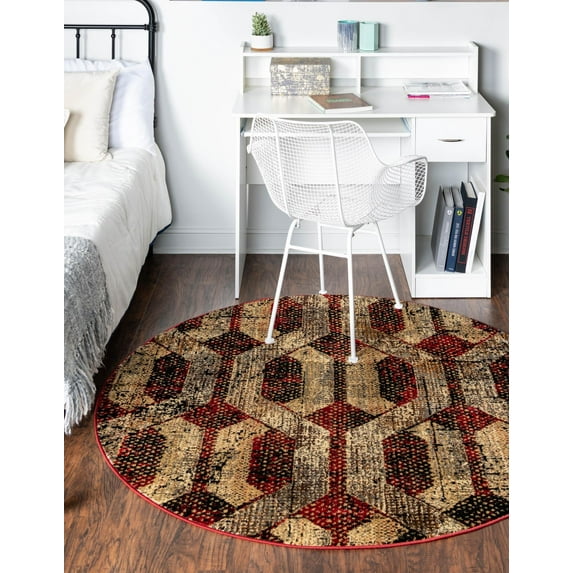 Rugs.com Saturn Collection Rug – 5 Ft Round Burgundy Medium Rug Perfect For Kitchens, Dining Rooms