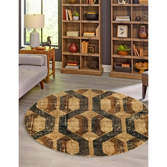 Rugs.com Saturn Collection Rug – 7 Ft Round Beige Cream Medium Rug Perfect For Kitchens, Dining Rooms