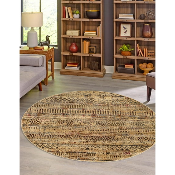 Rugs.com Saturn Collection Rug – 7 Ft Round Beige Medium Rug Perfect For Kitchens, Dining Rooms
