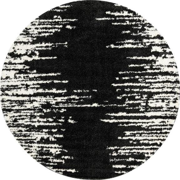 Rugs.com Serenity Shag Collection Rug – 10 Ft Round Black And White Shag Rug Perfect For Kitchens, Dining Rooms
