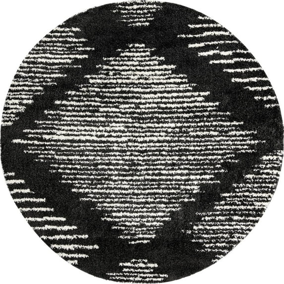 Rugs.com Serenity Shag Collection Rug – 10 Ft Round Black And White Shag Rug Perfect For Kitchens, Dining Rooms
