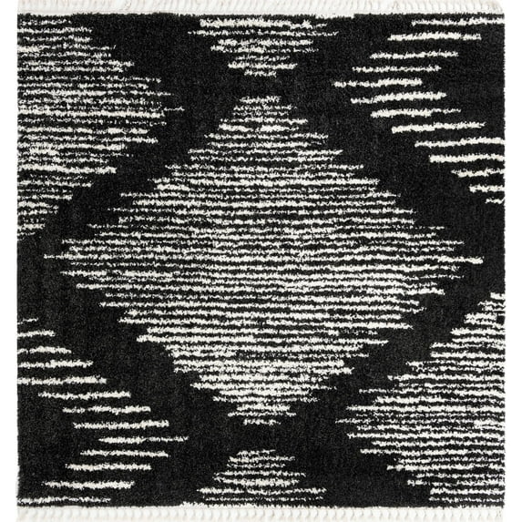 Rugs.com Serenity Shag Collection Rug – 10 Ft Square Black And White Shag Rug Perfect For Living Rooms, Kitchens, Entryways