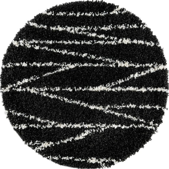 Rugs.com Serenity Shag Collection Rug – 3 Ft Round Black And White Shag Rug Perfect For Kitchens, Dining Rooms