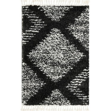 Rugs.com Serenity Shag Collection Rug – 4' x 6' Black And White Shag Rug Perfect For Living Rooms, Large Dining Rooms, Open Floorplans