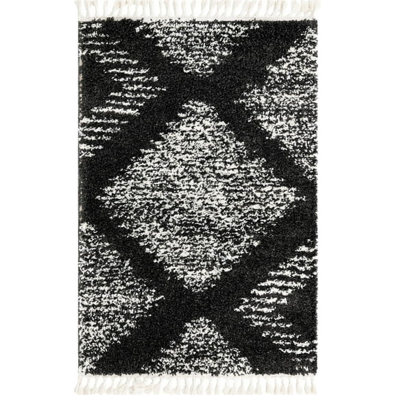 Rugs.com Serenity Shag Collection Rug – 4' x 6' Black And White Shag Rug Perfect For Living Rooms, Large Dining Rooms, Open Floorplans