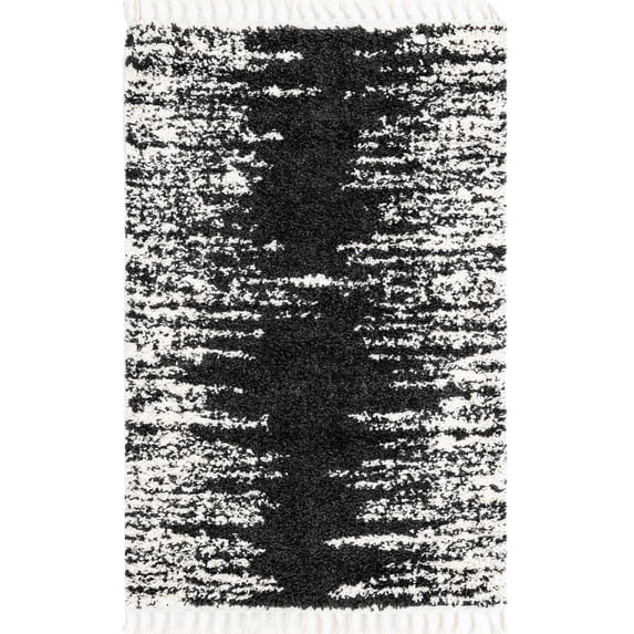 Rugs.com Serenity Shag Collection Rug – 4' x 6' Black And White Shag Rug Perfect For Living Rooms, Large Dining Rooms, Open Floorplans