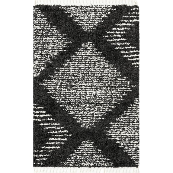 Rugs.com Serenity Shag Collection Rug – 5' x 8' Black And White Shag Rug Perfect For Living Rooms, Large Dining Rooms, Open Floorplans