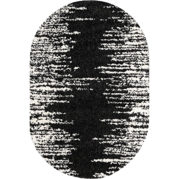 Rugs.com Serenity Shag Collection Rug – 5' x 8' Oval Black And White Shag Rug Perfect For Living Rooms, Large Dining Rooms, Open Floorplans