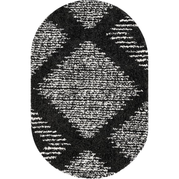 Rugs.com Serenity Shag Collection Rug – 5' x 8' Oval Black And White Shag Rug Perfect For Living Rooms, Large Dining Rooms, Open Floorplans