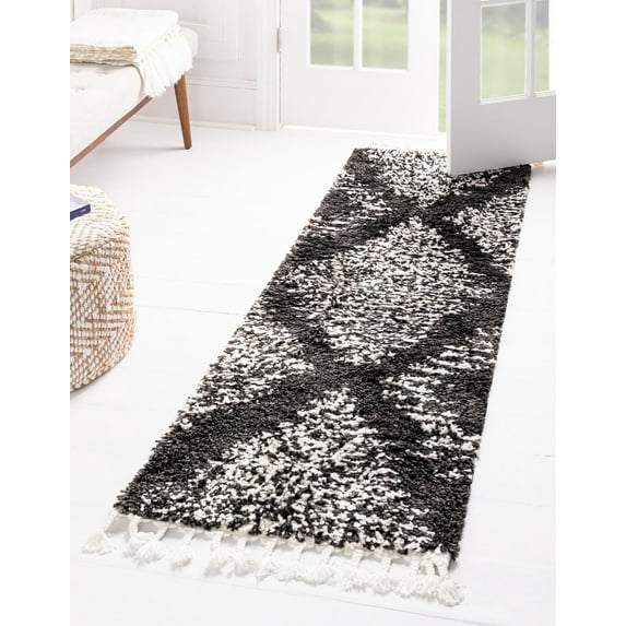 Rugs.com Serenity Shag Collection Rug – 6 Ft Runner Black And White Shag Rug Perfect For Hallways, Entryways