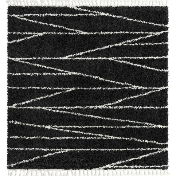 Rugs.com Serenity Shag Collection Rug – 8 Ft Square Black And White Shag Rug Perfect For Living Rooms, Kitchens, Entryways