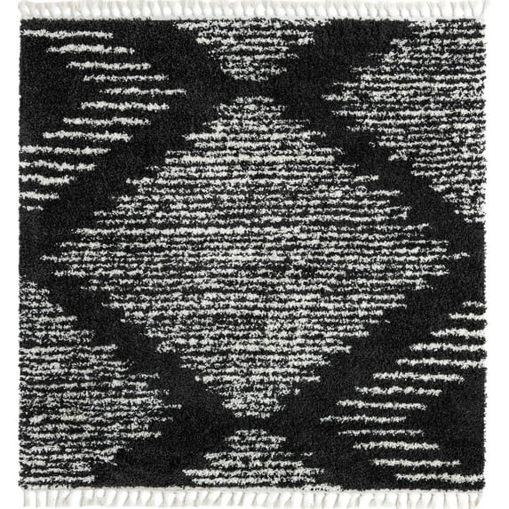 Rugs.com Serenity Shag Collection Rug – 8 Ft Square Black And White Shag Rug Perfect For Living Rooms, Kitchens, Entryways