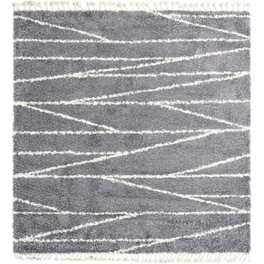 Rugs.com Serenity Shag Collection Rug – 8 Ft Square Gray Shag Rug Perfect For Living Rooms, Kitchens, Entryways