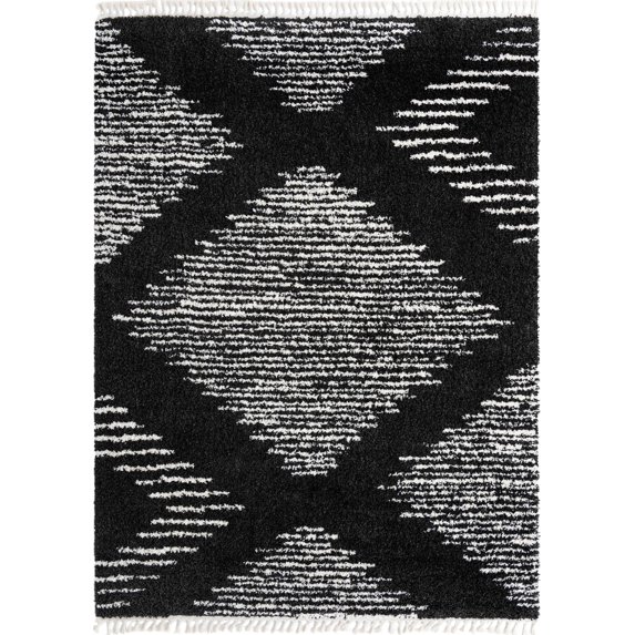 Rugs.com Serenity Shag Collection Rug – 9' x 12' Black And White Shag Rug Perfect For Living Rooms, Large Dining Rooms, Open Floorplans