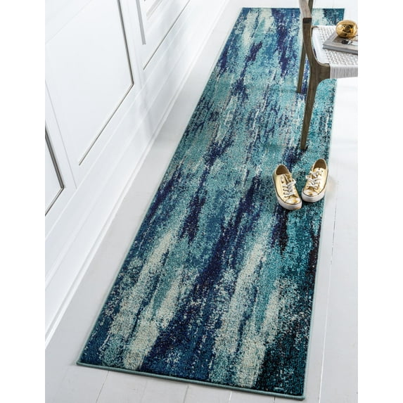 Rugs.com Sevilla Collection Rug – 10 Ft Runner Blue Medium Rug Perfect For Hallways, Entryways