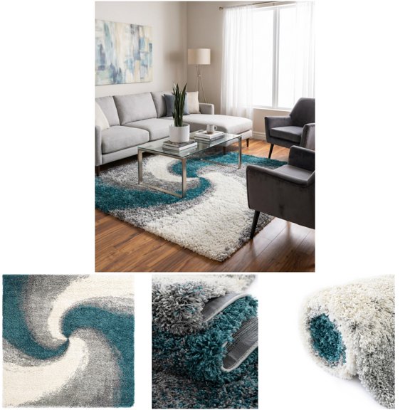 Rugs.com Soft Touch Shag Rug 8' x 8' Turquoise Modern Abstract Swirl Area Rug with 1.5-Inch Pile
