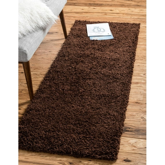 Rugs.com Solid Shag Collection Rug – 10 Ft Runner Chocolate Brown Shag Rug Perfect For Hallways, Entryways