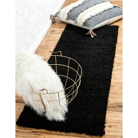Rugs.com Solid Shag Collection Rug – 10 Ft Runner Jet Black Shag Rug Perfect For Hallways, Entryways