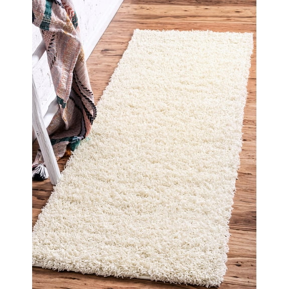 Rugs.com Solid Shag Collection Rug – 16 Ft Runner Pure Ivory Shag Rug Perfect For Hallways, Entryways