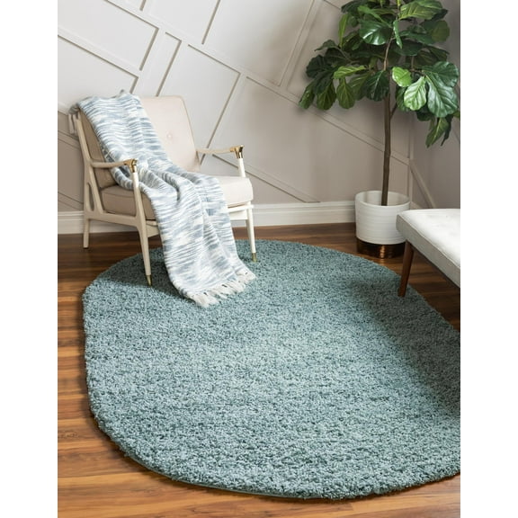 Rugs.com Solid Shag Collection Rug  3' x 5' Oval Light Slate Blue Shag Rug Perfect For Living Rooms, Large Dining Rooms, Open Floorplans