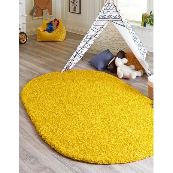 Rugs.com Solid Shag Collection Rug  3' x 5' Oval Tuscan Sun Yellow Shag Rug Perfect For Living Rooms, Large Dining Rooms, Open Floorplans