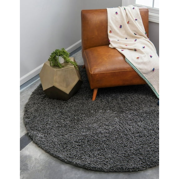 Rugs.com Solid Shag Collection Rug  4 Ft Round Graphite Gray Shag Rug Perfect For Kitchens, Dining Rooms