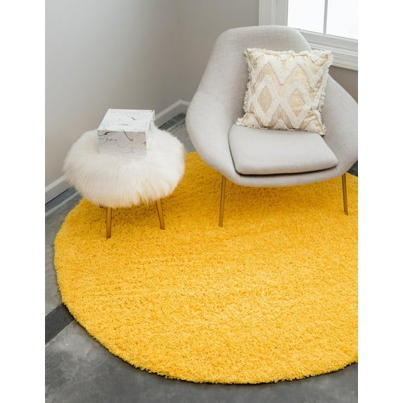 Rugs.com Solid Shag Collection Rug – 4 Ft Round Tuscan Sun Yellow Shag Rug Perfect For Kitchens, Dining Rooms