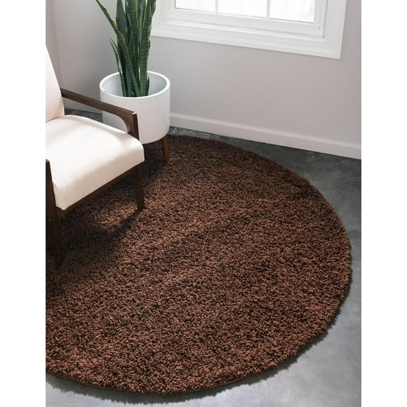 Rugs.com Solid Shag Collection Rug 5 Ft Round Chocolate Brown Shag Rug Perfect For Kitchens, Dining Rooms