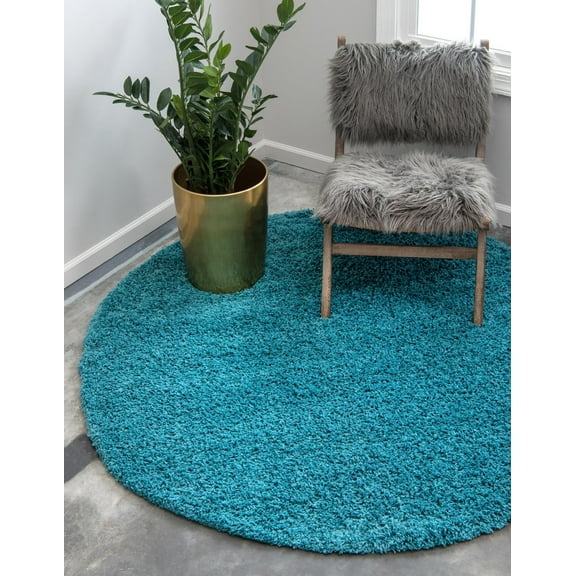 Rugs.com Solid Shag Collection Rug 5 Ft Round Deep Aqua Blue Shag Rug Perfect For Kitchens, Dining Rooms