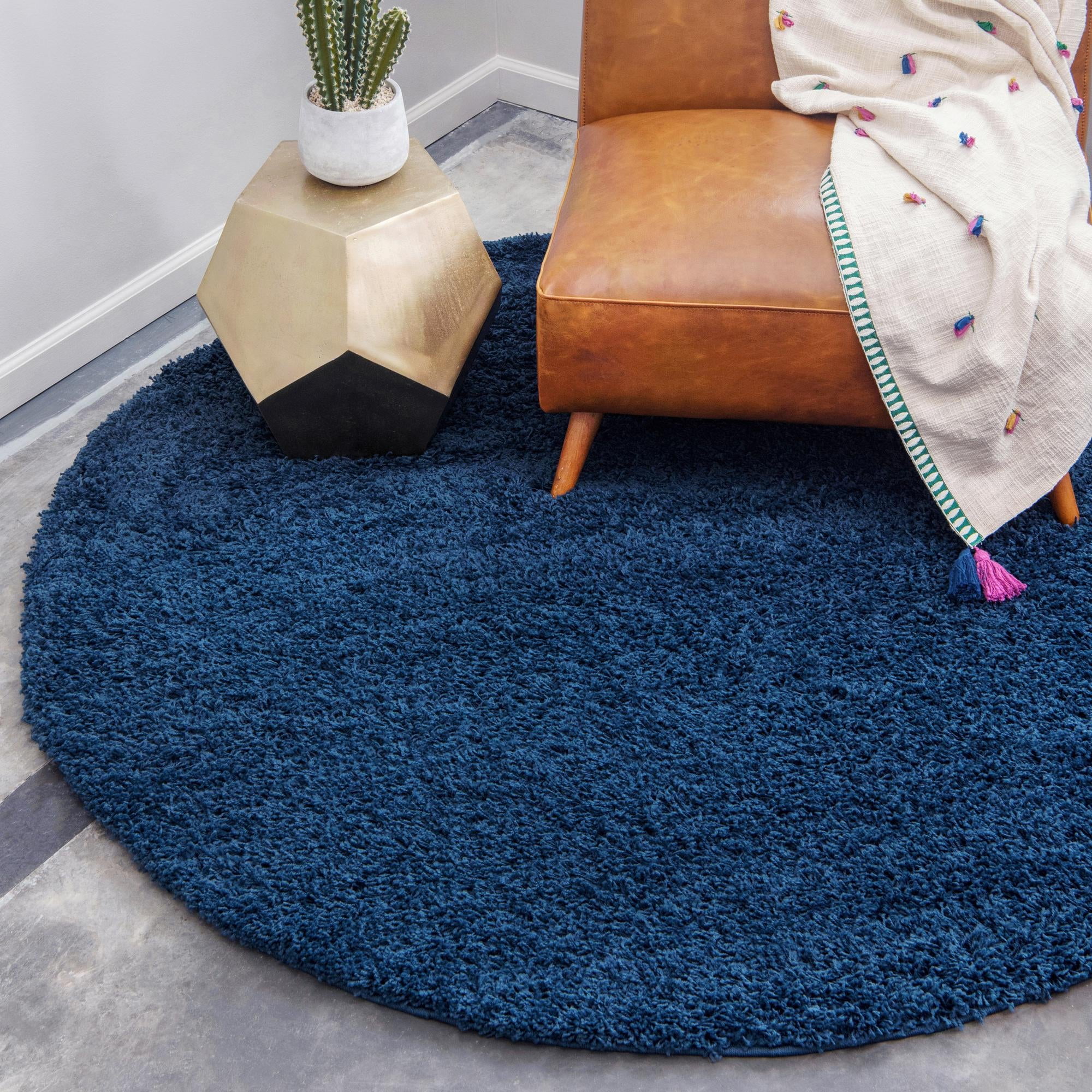 Rugs.com Solid Shag Collection Rug 5 Ft Round Sapphire Blue Shag Rug Perfect For Kitchens, Dining Rooms