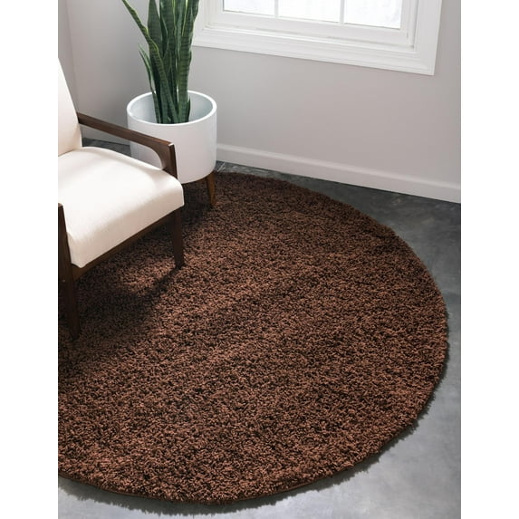 Rugs.com Solid Shag Collection Rug – 7 Ft Round Chocolate Brown Shag Rug Perfect For Kitchens, Dining Rooms