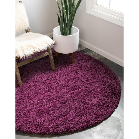 Rugs.com Solid Shag Collection Rug – 7 Ft Round Eggplant Purple Shag Rug Perfect For Kitchens, Dining Rooms