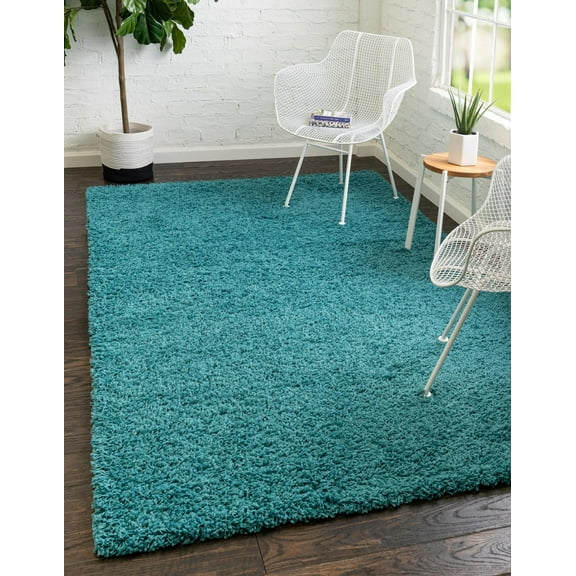 Rugs.com Solid Shag Collection Rug  7' x 10' Deep Aqua Blue Shag Rug Perfect For Bedrooms, Dining Rooms, Living Rooms