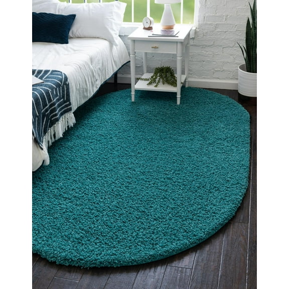 Rugs.com Solid Shag Collection Rug 8' x 10' Oval Deep Aqua Blue Shag Rug Perfect For Living Rooms, Large Dining Rooms, Open Floorplans