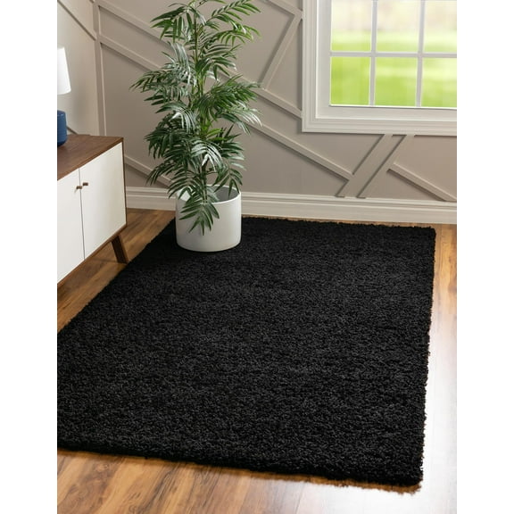 Rugs.com Solid Shag Collection Rug – 8' x 11' Jet Black Shag Rug Perfect For Living Rooms, Large Dining Rooms, Open Floorplans