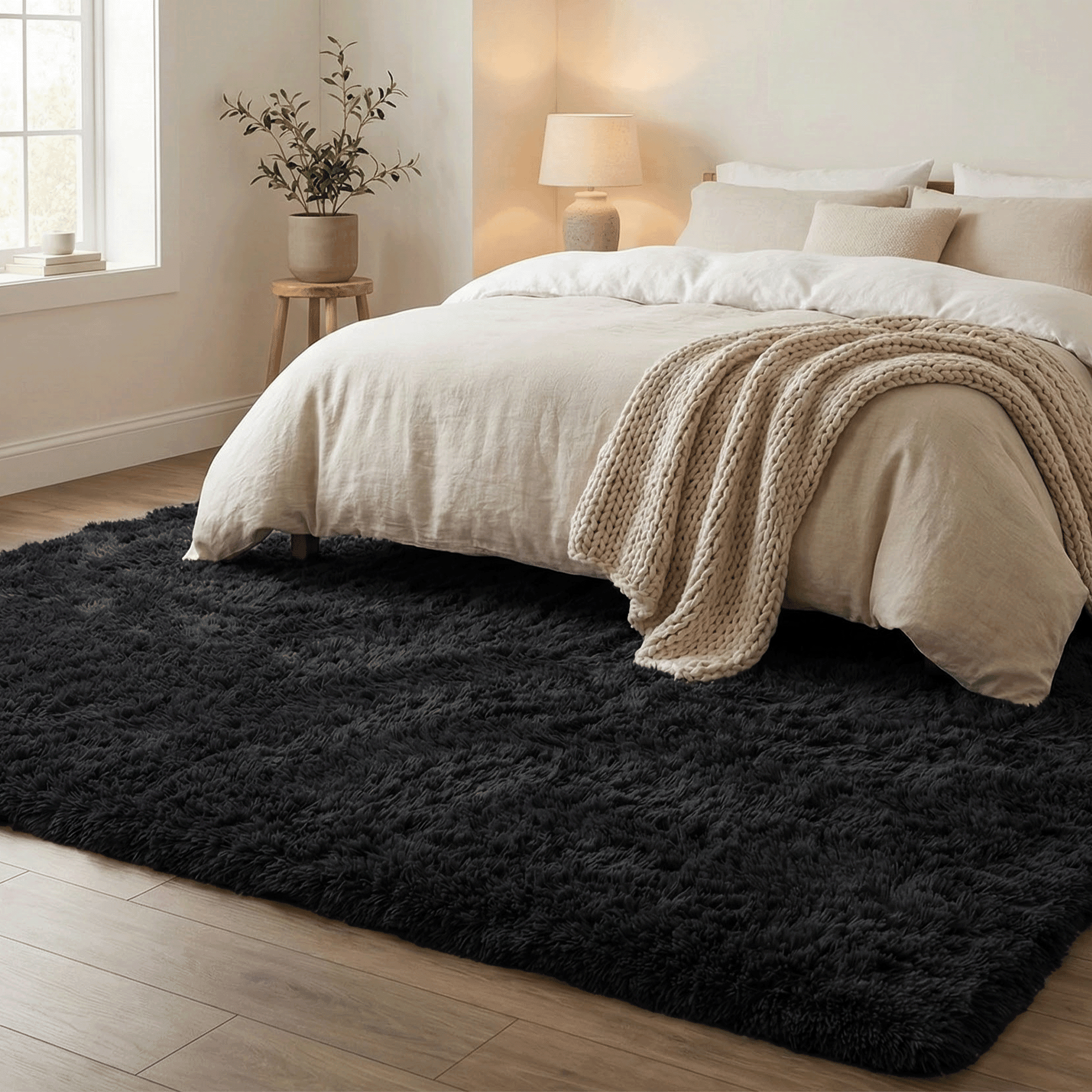 Rugs for Living Room, 4'x6' Soft Fluffy Area Rug for Bedroom, Plush Decorative Rug with Anti-Skid Backing, Indoor Home Carpet for Living Room, Black