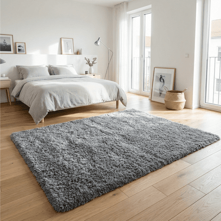 Rugs for Living Room, 4'x6' Soft Fluffy Area Rug for Bedroom, Plush Decorative Rug with Anti-Skid Backing, Indoor Home Carpet for Living Room, Grey